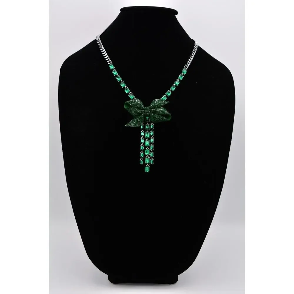 Betsey Johnson Green Christmas Bow Necklace Baguette Crystal Holiday NWT BinBJ